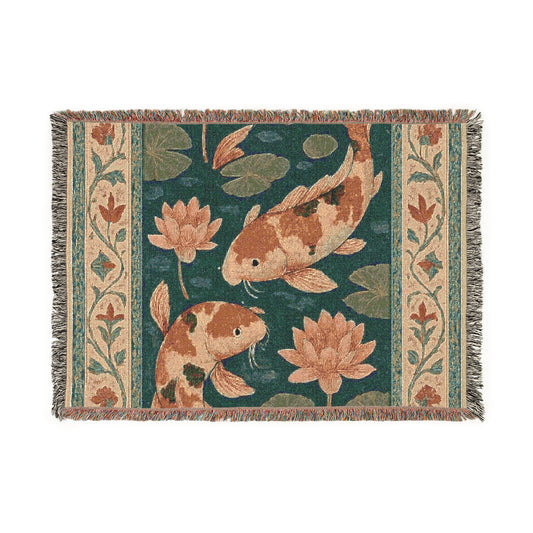 Koi Fish Woven Blanket | Cozy Home Décor, Nature Lover Gift, Bedding Accent, Vintage Style Throw, Relaxing Indoor Accessory